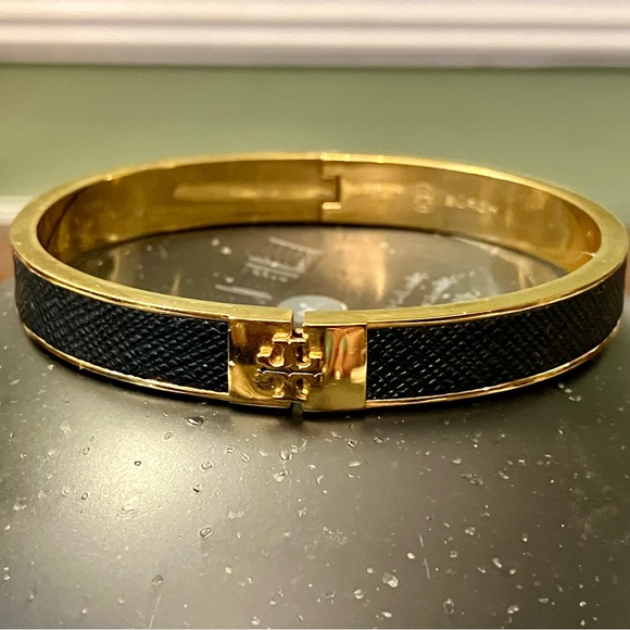 Tory Burch Jewelry - Tory Burch - 1/2” Black Leather Inlay Gold Hinged Bracelet